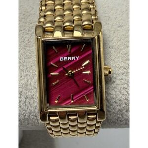 Berny 2166L New Battery Ladies Tank Watch 18MM 7.25" Red Dial Gold Tone‎